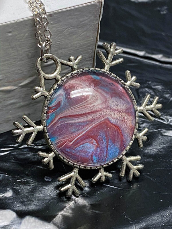 Fluid Art Necklace - Snowflake - Blue and Red