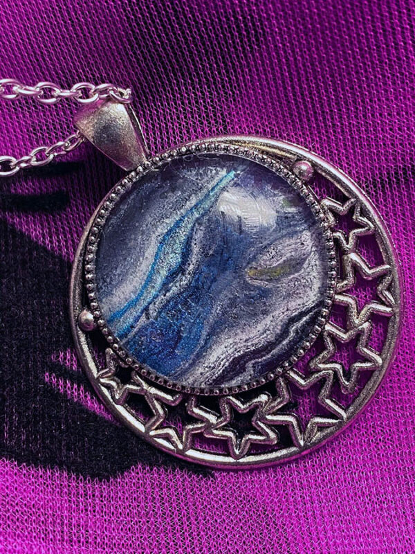 Fluid Art Necklace - Stars - Blue and White