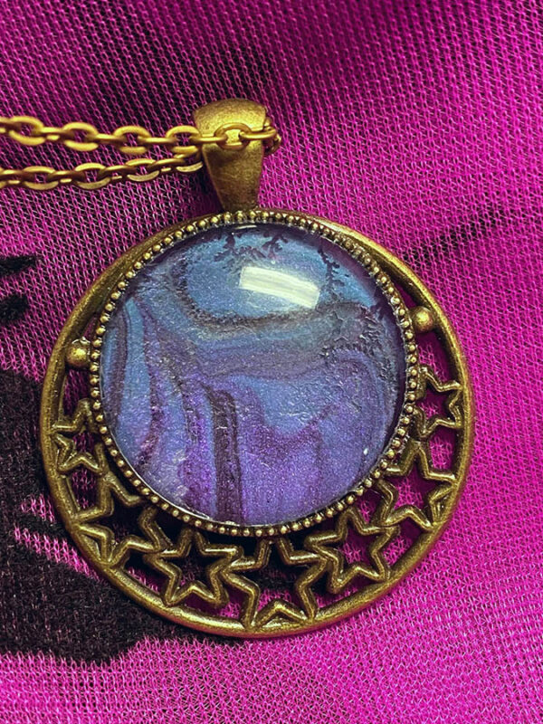Fluid Art Necklace - Stars - Purple and Blue